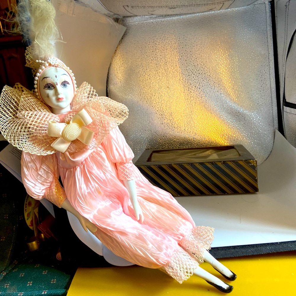 Harlequin doll with music box see key & it’s own stand